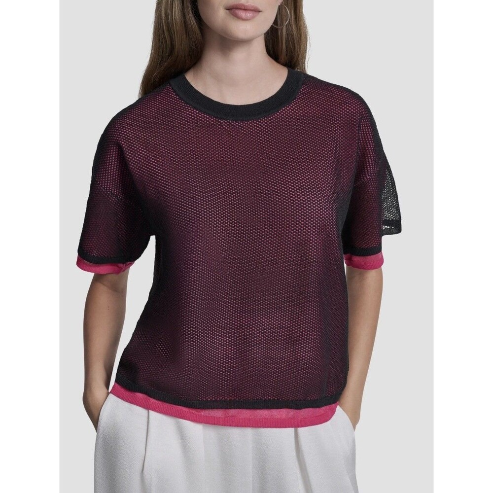 DKNY Sport Mesh Overlay Top Women size Small Black Hot Pink Layered Crewneck
